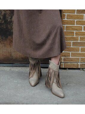 Women’s Tan Boots Rhinestone Studded Western Fringe Ankle Boot Block Heel